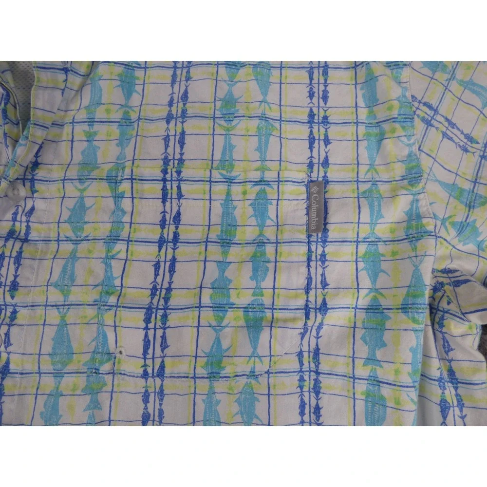 Columbia PFG Mens Blue Green Fish Print Short Sleeve Button Down Shirt XL - Picture 4 of 9
